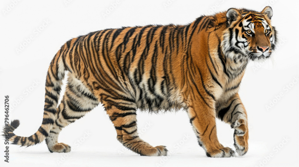 A tiger prowling, isolated on a white background