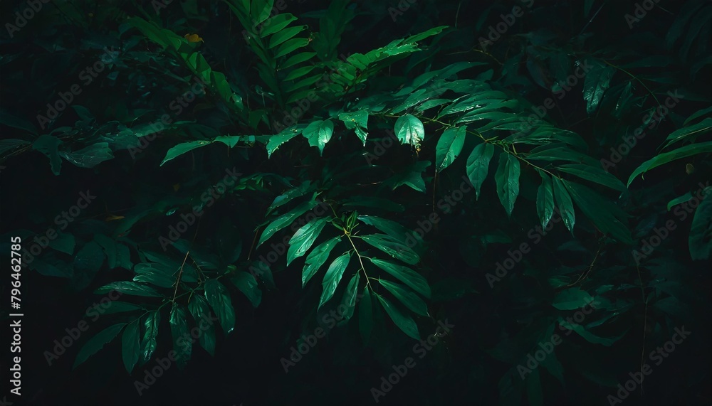 tropical rainforest foliage plants bushes on dark background