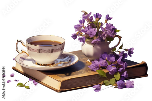 A Serene Moment: Coffee and Words. On a White or Clear Surface PNG Transparent Background.