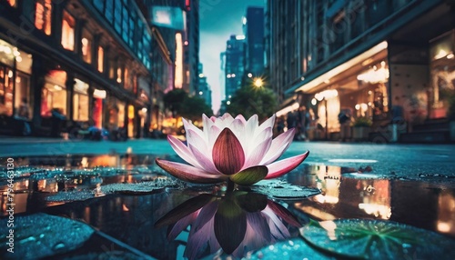 zen lotus flower in modern city street digital era mental health practices