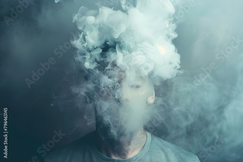 Man with smoke from head symbolizes stress mental health and burnout. Concept Stress Management, Mental Health Awareness, Burnout Prevention, Coping Strategies, Mind-Body Connection © Anastasiia