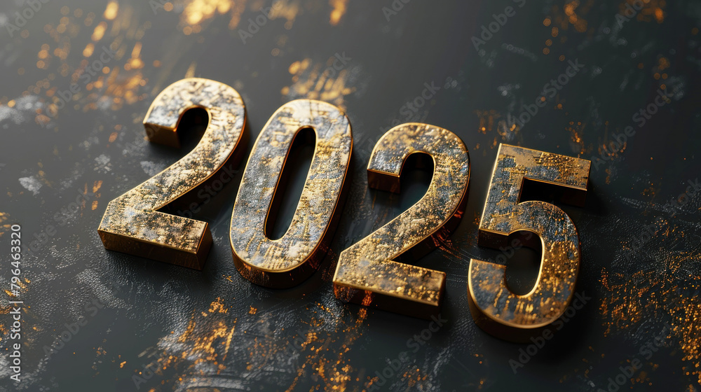Golden numbers for 2025 on a black structured background
