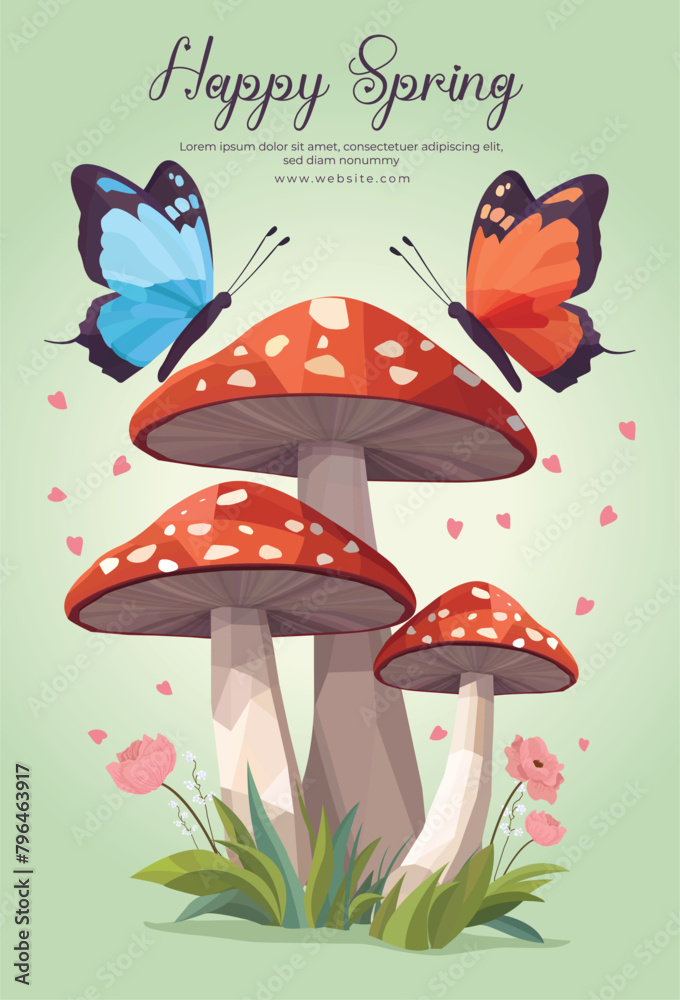 Happy spring poster template with low poly two butterflies and mushrooms geometric polygonal style vector illustration