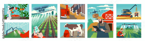 Agriculture farm. Rural land. Harvester at wheat field. Vegetables growing in greenhouse. Farmer work. Cow milking. Agro-drone. Countryside landscape. Agricultural innovation. Vector illustrations set