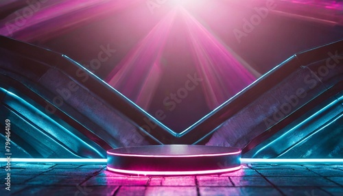 sci fi podium with pink glowing lights cyberpunk background for digital product display