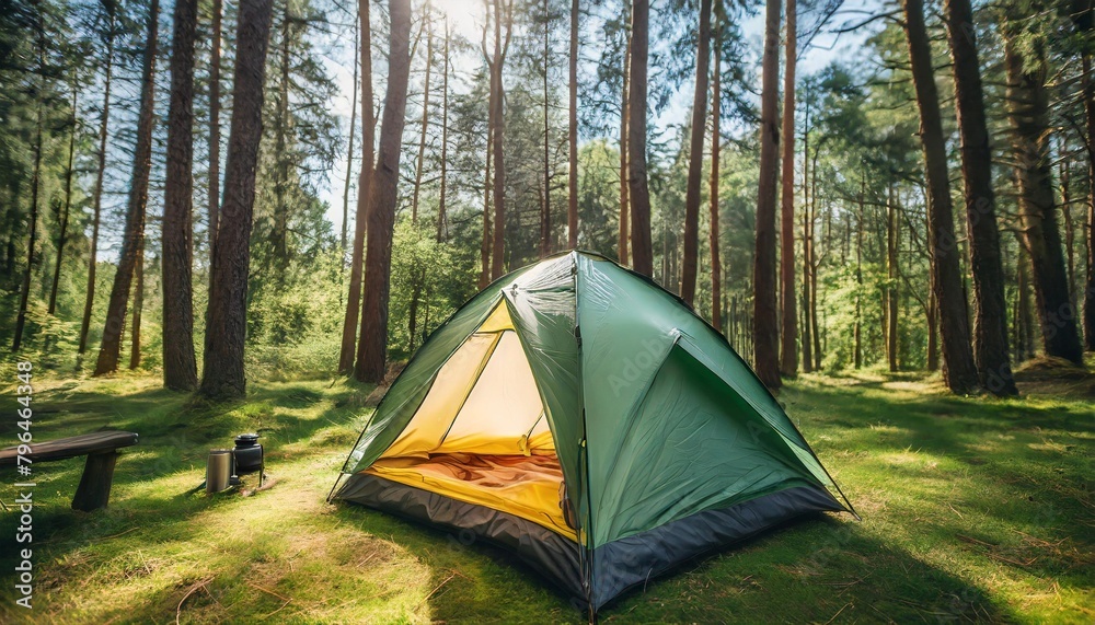 a picturesque camping spot amidst the forest a beautiful tent pitched generative ai