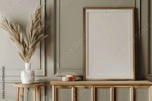 Blank picture frame mockups cabinet furniture indoors. photo