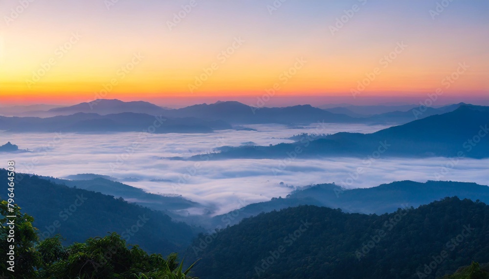 nature view of mountainnforest landscape with sunrise and mist in the morning natural scenery outdoor travel background