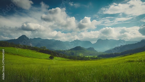 panoramic natural landscape with green grass field blue sky with clouds and mountains in background