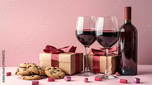 Set of wine with cookies and gifts for Valentines Day