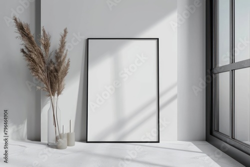 Blank picture frame mockups indoors plant reed.