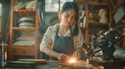 Craftswoman Focused on Precision Metalwork with Ai generated.
 photo