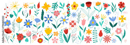 Flower abstract. Tulip and chamomile, blossom botanical, colorful paint, Scandinavian style bouquet, foliage. Motif pattern, cute design, nature plant clipart spring. Vector garish art isolated set