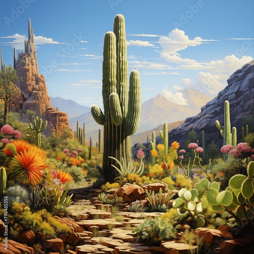 Stunning Desert Landscape with Saguaro Cacti and a Fantasy Castle in the Background
