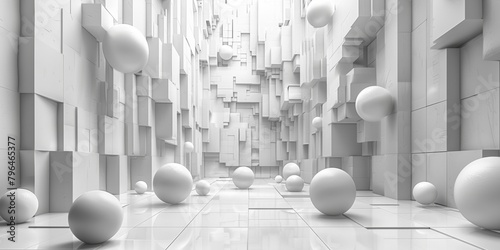 A white room with white blocks and white balls