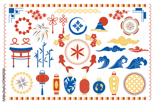 Japanese style. Asian icon design. Japan summer frame. Oriental tradition. Flower ornament background. Sea wave. Koi fish. Chinese lantern silhouette sign. Temple torii. Vector decoration garish set