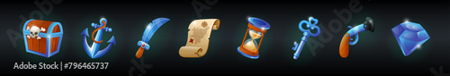 Game icon. 3D pirate treasure. Wooden chest for gold coin. Ancient map scroll. Brilliant diamond. Lock key. Corsair ship anchor. Cartoon gun and sabre. Caribbean piracy. tidy UI elements set