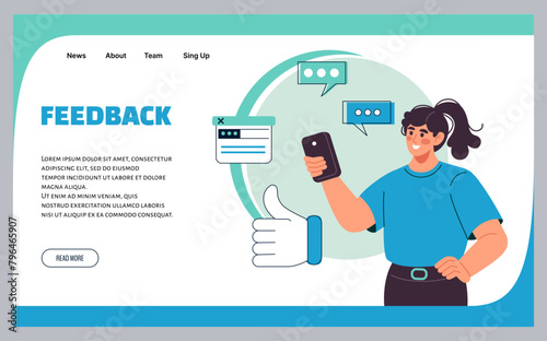 Corporate feedback landing page. Customer support. Woman with smartphone. Business communication. Online helpdesk. Internet contact with client. Web chat. Website interface template. Vector background