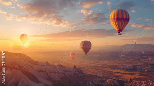 Colorful hot air balloon flying over the hill