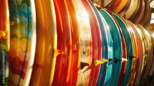 Colorful surfboards on the sand of the beach