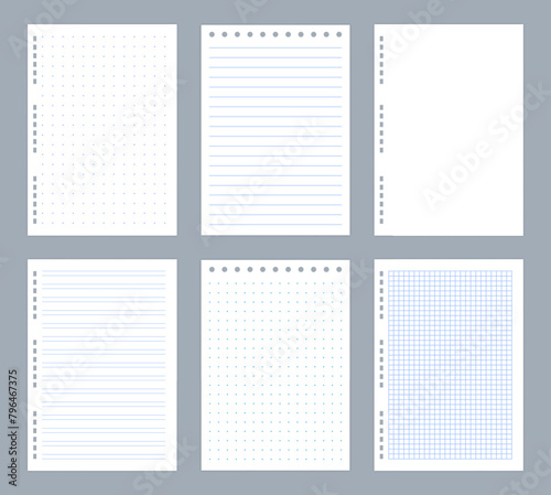 Lined note pages. Diary and notepad. Copybook checkered or dotted papers. Blank notepaper with spiral binders. School or office stationery. Organizer template. Letter document. Vector empty sheets set