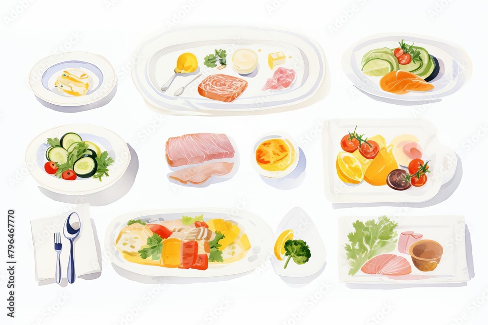 A watercolor painting of a variety of entrees on white dishes.