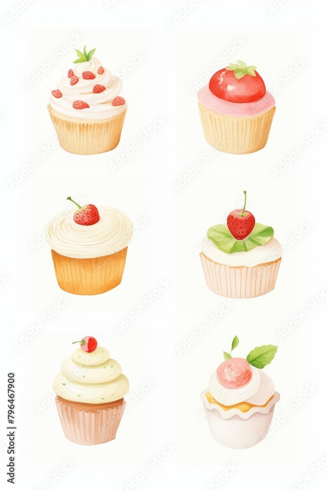 A watercolor painting of six cupcakes with different toppings.