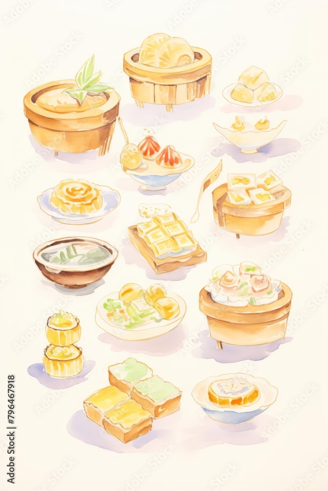 A watercolor painting of various dim sum dishes, including siu mai, har gow, and char siu bao. A watercolor painting of various dim sum dishes, including siu mai, har gow, and char siu bao.