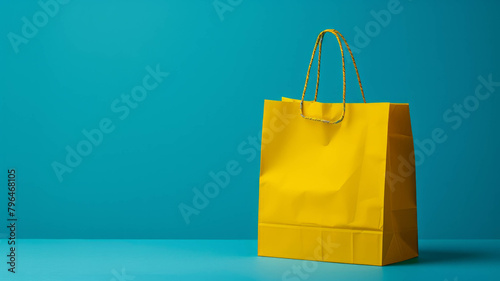 A single yellow paper bag pops against a blue backdrop, creating a bold and colorful composition. AI generative.