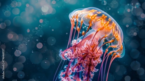 Majestic Jellyfish Floating Serenely in Blue Ocean Depths photo