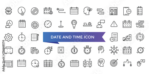 Date and Time icon collection. Watch, Timer, Date, Current time and Calendar vector linear icon set. Timer, alarm, schedule, hourglass, clock icons.