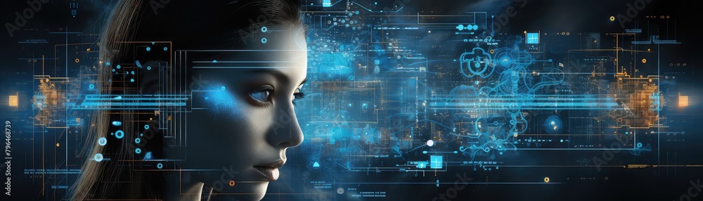 Circuit board with a woman's face superimposed on it Circuit board with a woman's face superimposed on it