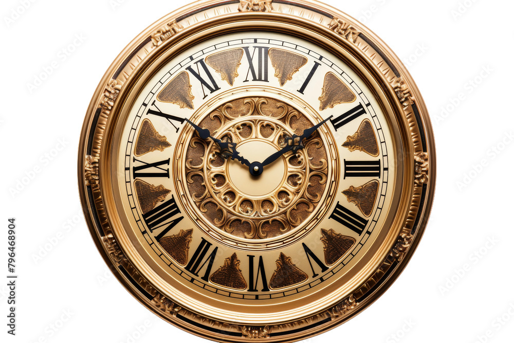 The Timeless Elegance of a Golden Roman Numeral Clock. On a White or Clear Surface PNG Transparent Background.