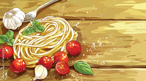Italian pasta cherry tomatoes garlic and basil on woo photo