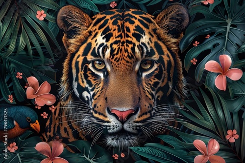 Jungle, tropical illustration. Tiger, panther, birds, palm trees, flowers. Safari wild African animals. Amazon forest animal illustration on wallpaper for kids room, interior design. mural art -