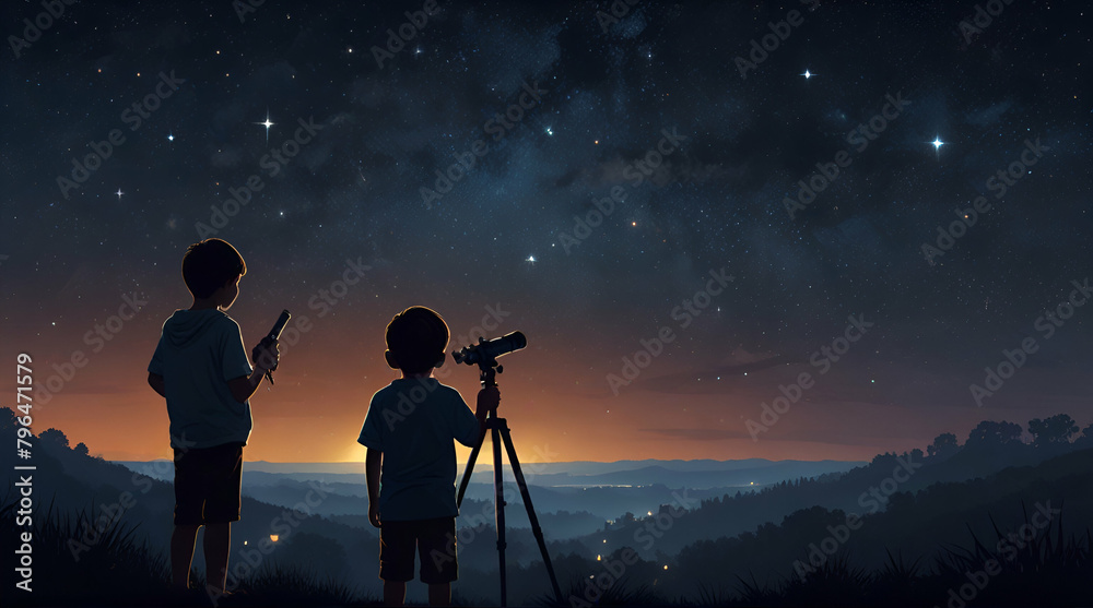 night scene of two brothers outdoors, llittle boy looking through a telescope at stars in the sky, digital art style, Generative.AI

