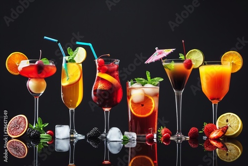 Set and collection of classic alcohol cocktails or mocktails isolated on black background with fresh summer fruits