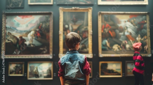 Little boy in art gallery, looking at colorful paintings on the wall.