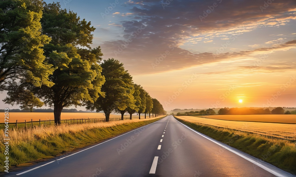 Open road in the village at sunrise, symbolizing a transition to a brighter future.
