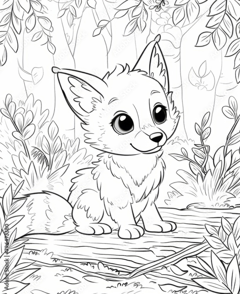 Obraz premium Adorable Cartoon Fox Cub in Enchanted Forest Coloring Page, coloring book