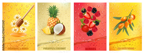 Set of labels with fruit and berry  drink. Fresh fruits juice splashing together- honey,  chamomile, coconut, strawberry, raspberry, pineapple, sea buckthorns juice drink splashing. Vector © ecco