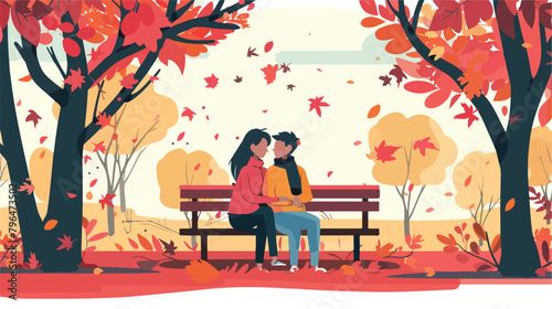 Loving couple on the bench in autumn. Cute vector illustration