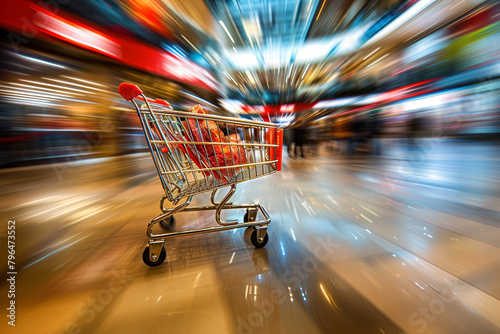 Shopping Cart Moving Through Shopping Mall