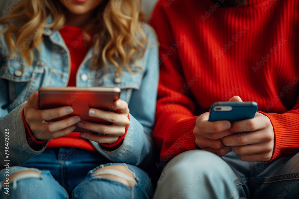 Fototapeta premium Two People Sitting on a Couch Using Phones