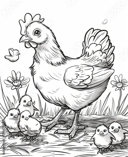 Playful Mother Hen with Chicks in a Springtime Garden Illustration, coloring book photo