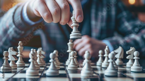 close-up of a hand confidently moving a knight on a chessboard, showcasing a strategic play in a focused and competitive game of chess.