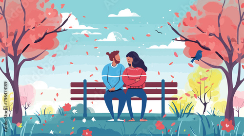Loving couple sitting on the bench with spring landscape