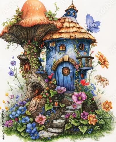 Enchanting Fairy Tale Mushroom House Illustration with Lush Floral Surroundings