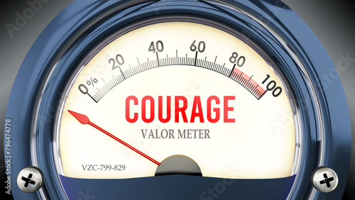 Courage and Valor Meter that hits less than zero, showing an extremely low level of courage, none of it, insufficient. Minimum value, below the norm. Lack of courage. ,3d illustration photo