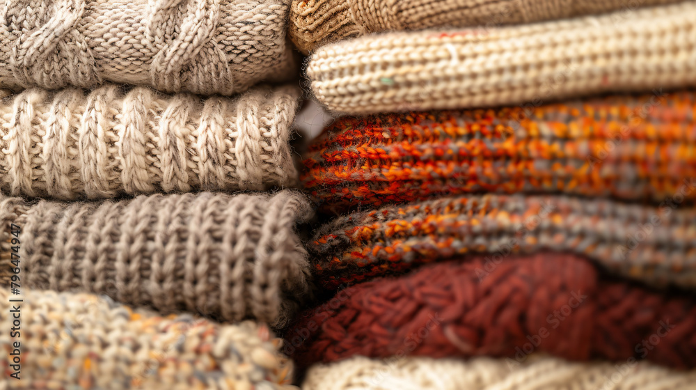 Stack of different stylish sweaters as background